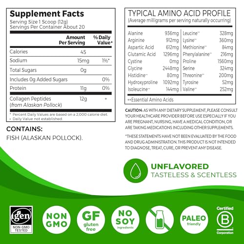 Orgain Wild-Caught Marine Collagen Peptides Powder for Women & Men, Hair, Skin, Nail & Joint Support Supplement, 12g Collagen Per Serving, Pescatarian & Paleo, Non-GMO, Unflavored, Type I & III, 8.5oz
