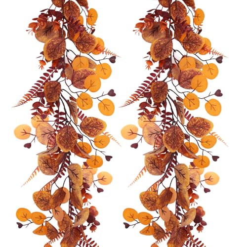 RECUTMS Fall Eucalyptus Garlands Faux Boston Fern Vines 2Pcs-5.74FT Artificial Autumn Leaf Vines Ivy Fake Hanging Plants Rattan Indoor Outdoor Home Thanksgiving Party Porch Fireplace Fall Decoration