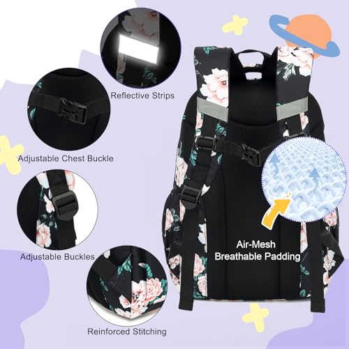 Floral School Backpack for Teens Girls, 3PCS Refrigerator Door Backpacks with Insulated Lunch Box Pencil Bag for Kids Women Students4