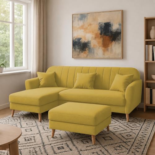 Image of Atticus LHS 4 Seater L Shape Sofa Set with Ottoman for Living Room (Yellow Fabric) Premium Fabric Sofa Set