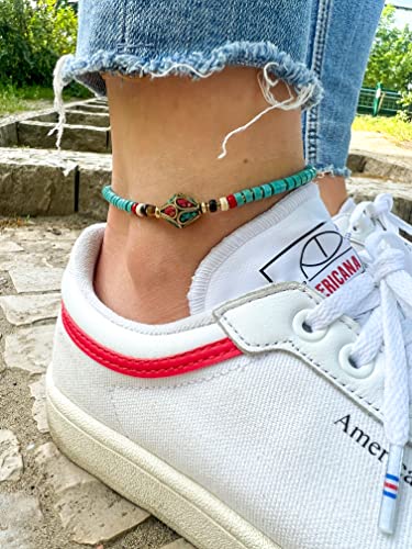 Boho Surfer Anklet Women - Ankle Bracelet For Her - Hippie Style - Handmade Beach Jewelry & Festival Accessories - Waterproof & Adjustable - Waxed Cotton Rope With Beads (Blue) #TOP1