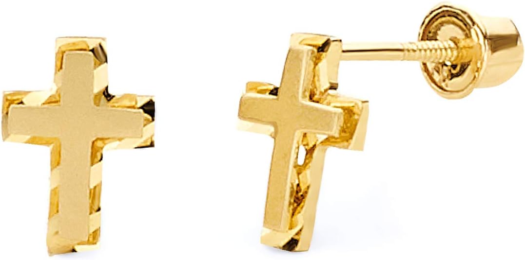 14k Yellow Gold Cross Stud Earrings with Screw Back
