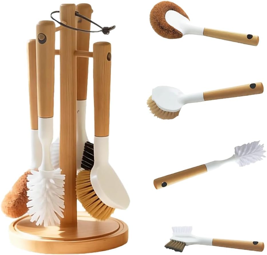 4 Packs Bamboo Washing up Brush Set Durable Bristle Dish Cleaning Brushes Non-scratch Kitchen Scrub Brush with Long Handle for Cleaning Pots Pans Baking Trays Stovetop Bottles Kitchen Sink