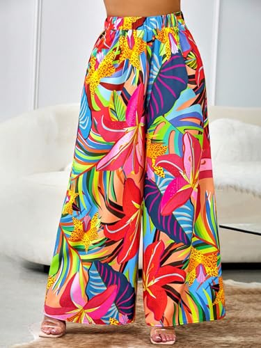 Floerns Women's Tropical Print High Elastic Waist Wide Leg Beach Palazzo Pants3