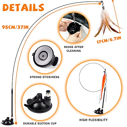 JXFUKAL Cat Feather Toys, Interactive Cat Toy with Super Suction Cup, 2PCS Springy Cat Wand & 5PCS Teaser Refills Replacement with Bells, Kitty Kitten Toys Cat Spring String Toy Cat Accessories