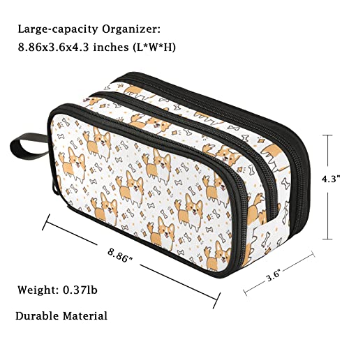 Image of Fustylead Funny Cute Cartoon Corgi Bone Large Pencil Pen Case Stationery Bag, 3 Compartments School College Office Desk Organizer Storage Pouch Marker for Teen Boys Girls Students