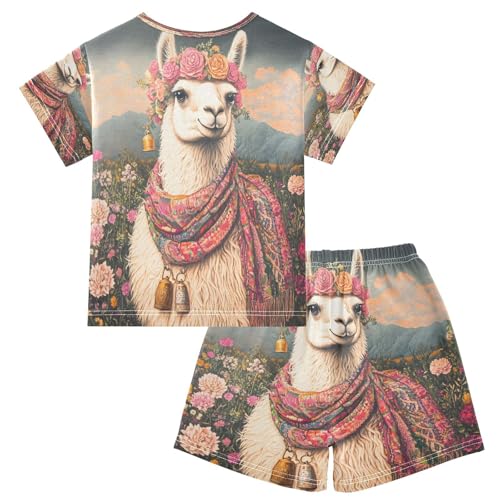 ALAZA Funny Llama Flower Blossom Pajamas Set Short Sleeve Cotton Sleepwear Summer Pjs 2 Piece 5-14Y2