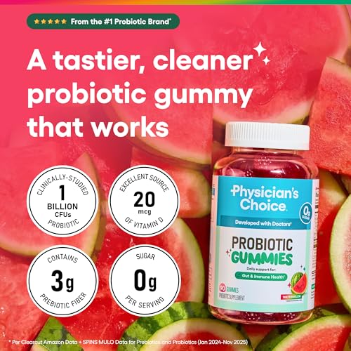 Image of Physician's CHOICE Probiotic Gummies with Vitamin D & Prebiotic Fiber - Sugar Free - 1B CFUs of Clinically Studied Probiotic - Supports Immune & Gut Health for Women & Men - Watermelon Flavor - 90CT