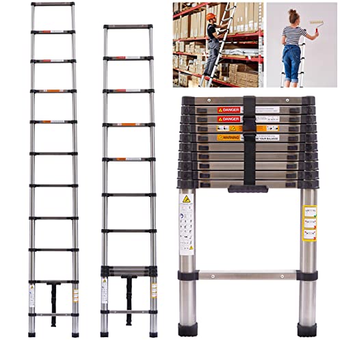 Escalera telescópica de 3,2 m, multiusos, plegable, de acero inoxidable, extensible, portátil, para loft, 11 peldaños de diseño compacto, escalera telescópica plegable, capacidad de 150 kg, estándar