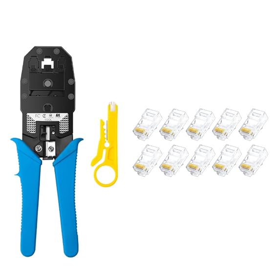 Serplex RJ45 Crimp Tool Kit, Ethernet Crimp Tool Set, RJ11, RJ12, RJ45, Cat5, Cat5e Crimp, Cut and Strip Tool with 10PCS Connectors & 1 Wire Stripper (12PCS)