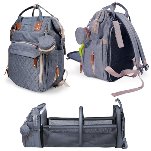SNUGGY BABY Diaper Bag with Changing Station, Diaper Backpack with Changing Pad, Portable Diaper Organizer, Insulated Bottle Holders, Large Capacity, Water-resistant Travel Bag (Gray)
