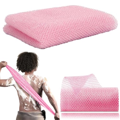 African Net Long Bath Net Sponge, Bathing Body Exfoliating Shower Body Back Scrubber Skin Smoother,Stretch Length up to 66 INCH for Spa Massages (Pink)