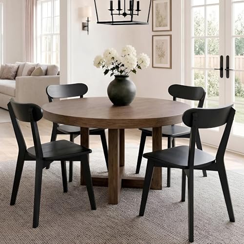 Image of HNY Farmhouse Solid Wood Dining Chairs Set of 4, Mid Century Modern Armless Kitchen & Dining Room Chairs with Curved Back, 300 LBS Capacity, Black for Home, Apartment