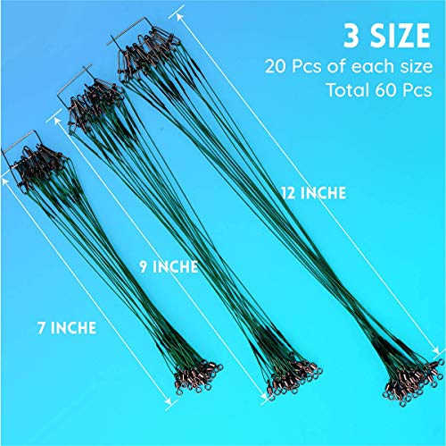 Fishing Leaders, Wire Leader With Swivel Snap Assortment Stainless Steel Fishing Tackle Gear Gift Connect Lures Bait Rig Hooks For Kingfish Bluefish Pike Green（60 Pcs 3 Size Test 40 Lbs #TOP5