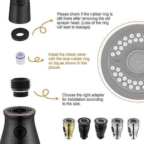 TIORIY Kitchen Sink Faucet Spray Head Replacement with 15 Adapters, Pull Down Kitchen Faucet Replacement Head, 3 Function Pull Out Kitchen Faucet Spray Nozzle, Oil Rubbed Bronze - Thumbnail 6