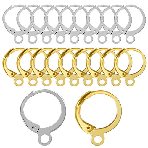 TOAOB 200pcs Round Leverback French Earring Hooks Hypoallergenic Earwires Gold and Silver Plated Brass Earring Parts Jewelry Making Findings 12.5x15.5mm