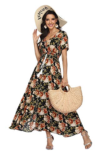 Image of VintageClothing Women's Floral Maxi Dresses Boho Button Up Split Summer Casual Long Dress Beach Party Dress
