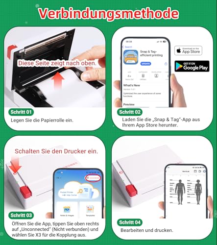 ORGBRO Mini Drucker für Smartphone, X3 Sticker Drucker Bluetooth mit 1 Rolle Aufkleber Papier, 300DPI Mini Printer Etikettendrucker Tragbarer Thermodrucker für Studie Notizen & Fotos, Weiß