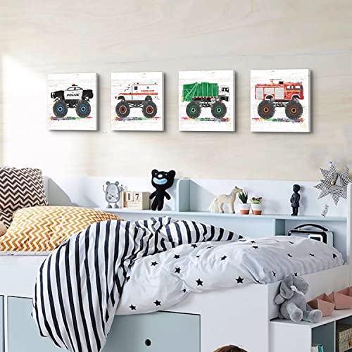 Monster Truck Wall Decor Toddler Room Decor For Boys Construction Car Pictures Kids Wall Art Bedroom Cartoon Firetruck Garbage Police Ambulance Vehicle Canvas Posters Nursery Home Decorations 12×12" 4Pcs #TOP4