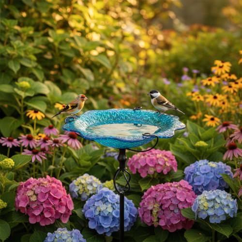 Image of HONGLAND Bird Baths for Outside,11 inch Small Blue Glass Birdbaths Outdoor,Detachable Bird Feeder with Metal Stake for Garden Yard Patio Decor,30 inch Height