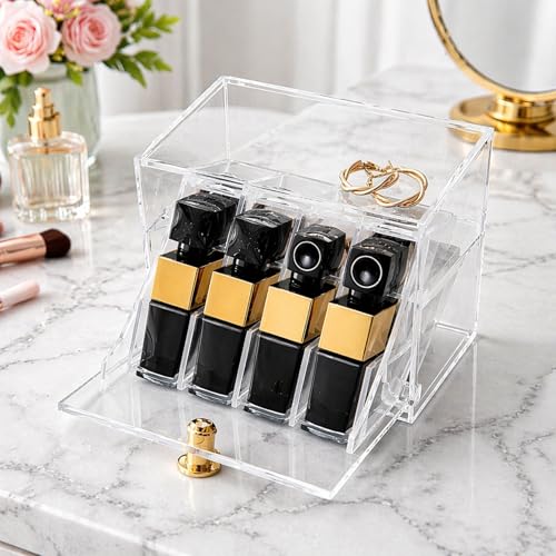 Image of KiZY Luxury Clear Acrylic Lipsstic Nail Polish Makeup Brush Organizer | Elegant Multi-Compartment Makeup & Desk Storage Box for Vanity or Office (Small)