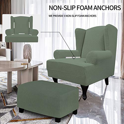 Image of Easy-Going Stretch Large Wingback Chair Sofa Slipcover Greyish Green | 1-Piece Sofa Cover Furniture Protector Couch Soft with Elastic Bottom, Spandex Jacquard Fabric Small Checks
