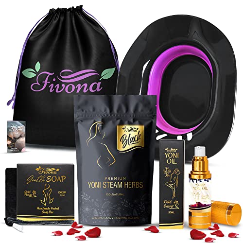 Fivona Black 5 in 1 Yoni Steam Kit Feminine Care Set Includes Natural Oil Blend, Sitz Bath Seat, V Steaming Herbs, Herbal Soap and Storage Bag - Effective Detox pH Balance Cleansing and Moisturizing