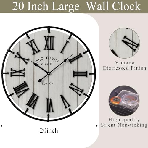Image of EMAX HOME Large 20 Inch Farmhouse Wall Clock, Distressed White Wood Grain Dial with Heavy Duty Black Metal Frame, Silent Non-Ticking Sweep Movement for Living Room, Bedroom, Kitchen or Entryway