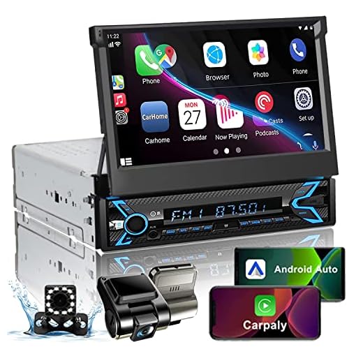 Single Din Car Stereo with Dash Cam & Backup Camera, 7INCH Flip Out Single Din Touchscreen Car Stereo with Apple Carplay & Android Auto, Car Audio Receivers FM Car Radio, BT/Subwoofer/AUX/TF/SD Ports