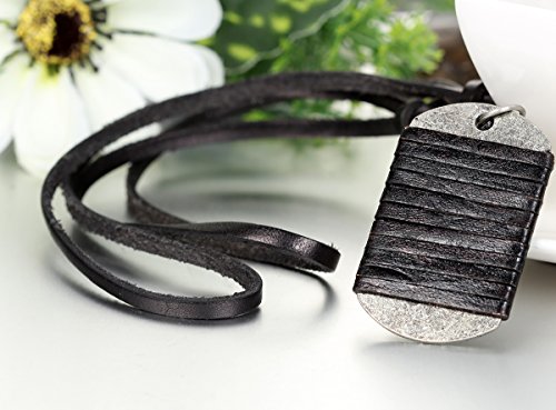 JewelryWe Schmuck Leder Halskette mit Lederseil rund um Dog Tag Hundemarke Anhänger, Schwarz Kette für Damen und Herren, Verstellbare Länge 40-80cm