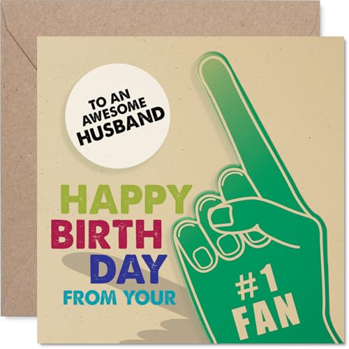 Stuff4 Playful Birthday Card for Husband - Cheer on Your Favourite Bloke - Foam Finger Fan Design in Bold Colors - Sure to Make Him Grin - 5.7 Inch Square, Envelope Included