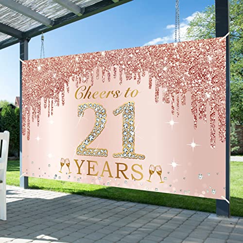 Large Cheers to 21 Years Birthday Decorations for Women, Pink Rose Gold Happy 21st Birthday Banner Backdrop Party Supplies, 21 Year Old Birthday Poster Background Sign Decor by Excelloon - Image 3