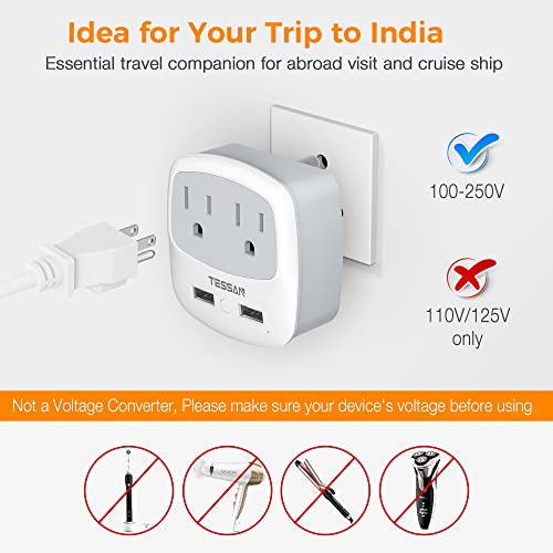 image for TESSAN US to India Plug Adapter, Type D Travel Adaptor with 2 USB Char
