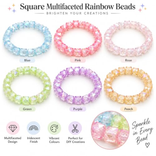 Image of 500 Pcs Square Rainbow Crystal Beads for Jewellery Making Kit - Beads for Bracelet Making Kit - Bead Craft - Acrylic - Multicolour - 120g, 8mm