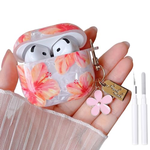 Image of MINSCOSE for Cute Glitter AirPods 4 Clear Case,Shell Pattern Hibiscus Flower Design with Kawaii Floral Keychain,Soft TPU Protective Cover with Cleaner Kit for Girls Women for AirPods 4-Red