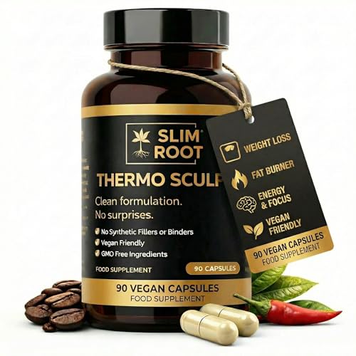 Weight Loss Supplement Slim Root Thermo Sculpt 90 Vegan Capsules Made in UK Thermogenic Fat Burner 600mg+ with 194mg Caffeine, Appetite Suppressant, Metabolism, Energy & Focus for Women & Men