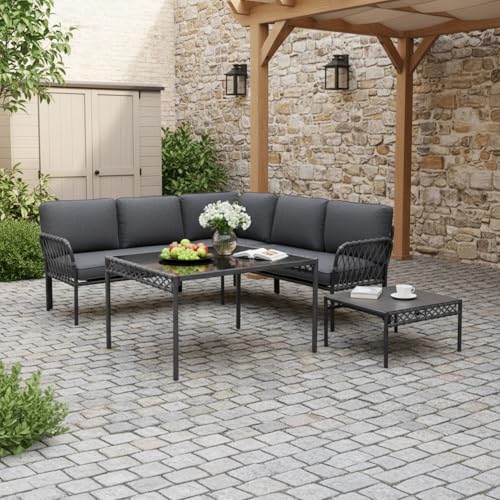 Image of DEVOKO Outdoor Rope 5 Seater L-Shape Sofa with Soft Washable Cushion & Glass Top Center Or Side Table for Garden, Pool, Patio, Backyard, Terrace (Grey)