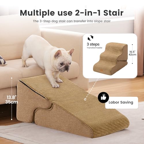 Image of Gardner Pet Dog Stairs for Small Dogs 16.5 inch H, 2 in 1 Transformable 3-Step Pet Stairs and Dog Ramp for Couch (13-20 in), Brown Adjustable Pet Steps with Non-Slip Waterproof Cover and CertiPUR-US Foam