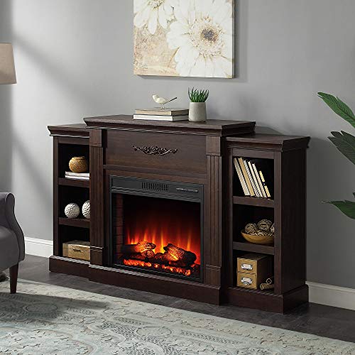 BELLEZE Modern Electric Fireplace Mantel TV Stand & Media Entertainment Center for TVs up to 68 Inches with Energy-Efficient Heater and Side Book Shelves - Lenore (Brown)