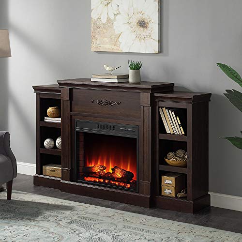 Della Electric Faux Fireplace TV Stand Mantel Heater, Entertainment Center with Built-in Bookshelves and Cabinets, Remote Control and Enhanced Log Display - Brown