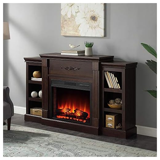 BELLEZE Modern Electric Fireplace Mantel TV Stand & Media Entertainment Center for TVs up to 68 Inches with Energy-Efficient Heater and Side Book Shelves - Lenore (Brown)