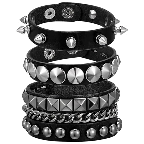 3 Pcs Punk Rock Leather Studded Bracelets, 80s Gothic Spike Cuff Bracelet Halloween Party Favors Rock Accessories