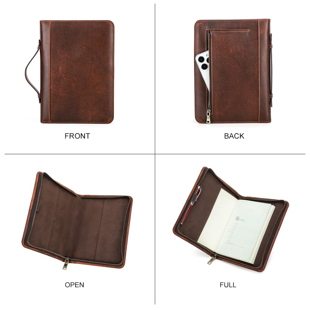Hiram Funda de piel para cuaderno A5, bolsa de almacenamiento de piel con cremallera, funda para cuaderno A5 con asa de transporte y funda para teléfono móvil