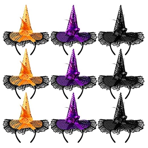 9 Pack Halloween Witch Hat Headband Headpiece Masquerade Costume Dress up Cosplay Party Supplies(Black, Purple and Orange)