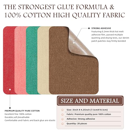 Image of KING MOUNTAIN Iron-on Repair Patch 20 Pcs Pack,Denim Patches for Jeans Kit 3 inch by 4-1 /4 inch, 100% Cotton Denim Iron-on Repair Patch,Jeans and Clothing Repair and Decoration Kit (Five Color 2.0)