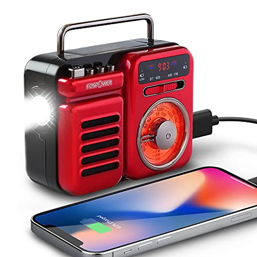 Fospower 2000Mah Emergency Weather Radio, Retro Style Portable Radio With 5.0 Bluetooth Speaker, Hand Crank, Solar Charging, Am/Fm/Wb, Flashlight & Sos Alarm (Red) #TOP21