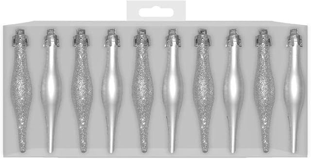 10 x Silver Christmas Tree Droplet Decorations Mixed Matt & Glitter Finishes