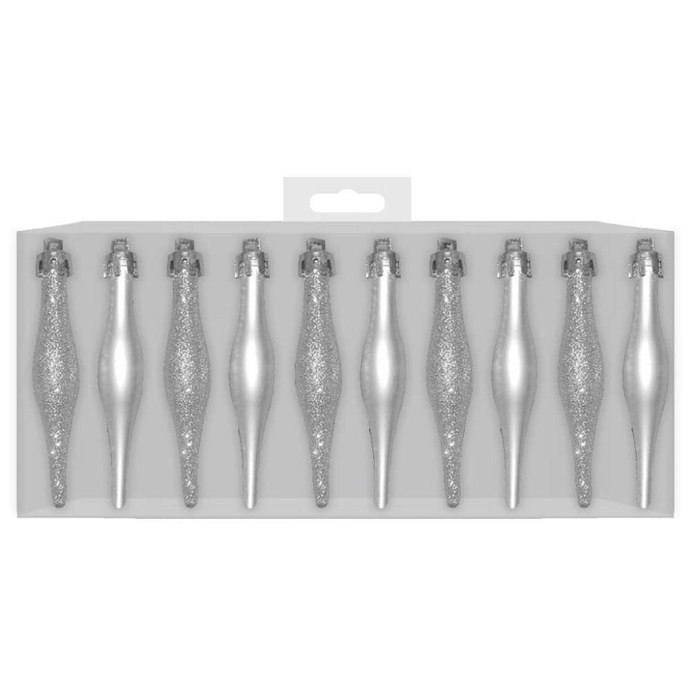 Davies Silver 10 X Christmas Tree Droplet Decorations Mixed Matt & Glitter Finishes