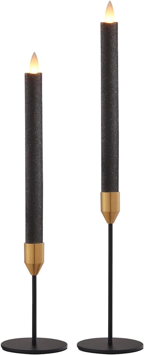 Black and Gold Candle Holder Set with 3D Moving Flame Taper Candles, Remote Control Timer, Safe Flameless Design for Home, Dining, and Festive Decor