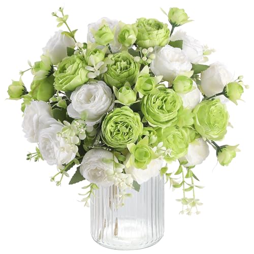 Floweroyal 4 Bunches Peony Artificial Flowers Green White Flowers Silk Peonies Bouquets for Wedding Party Table Centerpieces Floral Arrangement Home Kitchen Decor